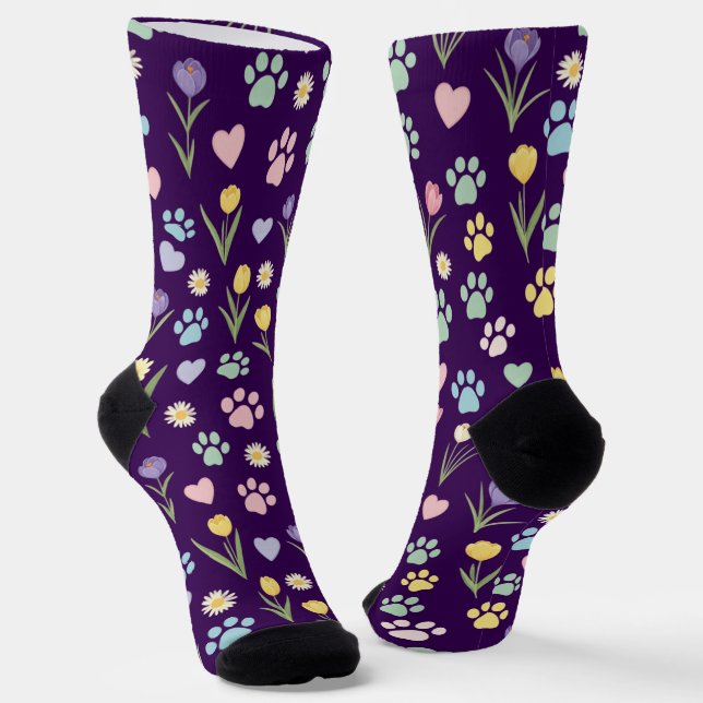 Pastel Paw Print and Hearts Floral Socks (Angled)