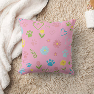 Pastel Paw Print and Hearts Throw Pillow