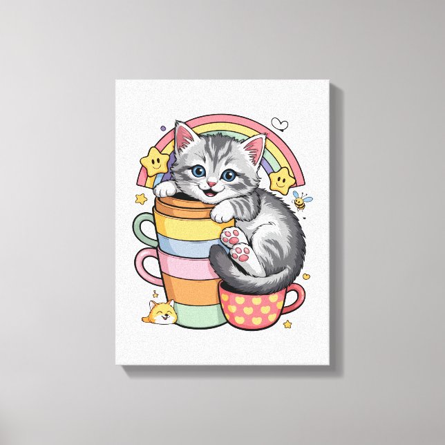 Pastel Paws & Rainbow Sips Canvas Print (Front)
