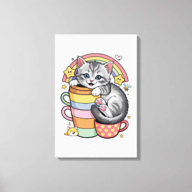 Pastel Paws & Rainbow Sips Canvas Print (Front)