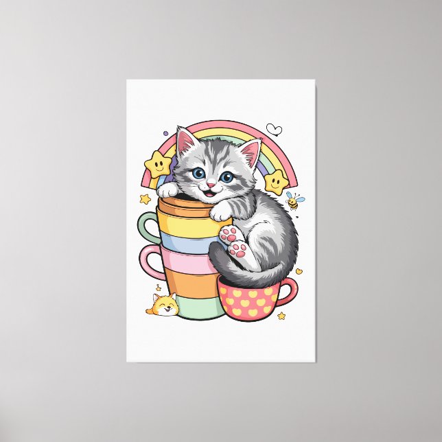 Pastel Paws & Rainbow Sips Canvas Print (Front)