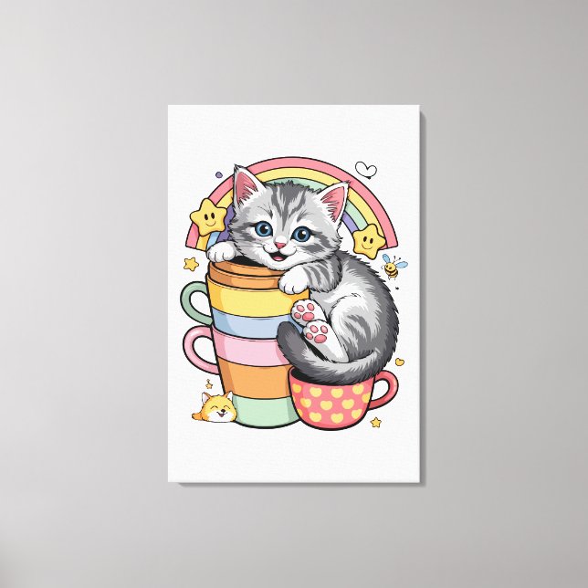 Pastel Paws & Rainbow Sips Canvas Print (Front)