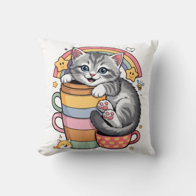 Pastel Paws & Rainbow Sips Cushion (Front)