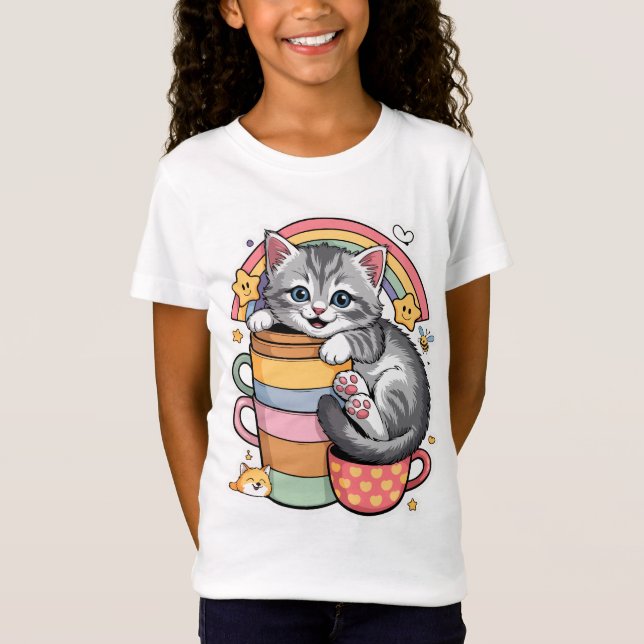 Pastel Paws & Rainbow Sips T-Shirt (Front)