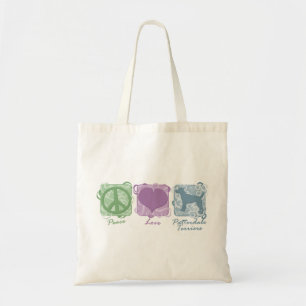 Pastel Peace, Love, and Patterdale Terriers Tote Bag