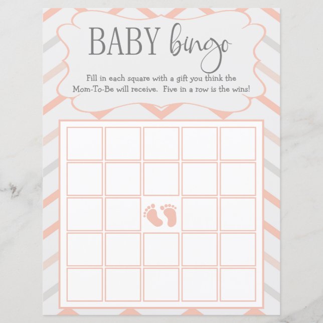 Pastel Peach and Grey Zig Zag Baby Bingo (Front)