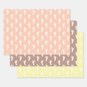 PASTEL PEACH BROWN YELLOW ROWS OF BABY FEET WRAPPING PAPER SHEET