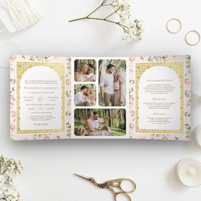 Pastel Peach Floral All in One Gold Indian Wedding Tri-Fold Invitation (Creator Uploaded)