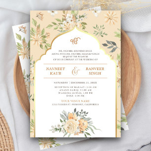 Pastel Peach Floral Anand Karaj Sikh Wedding Invitation