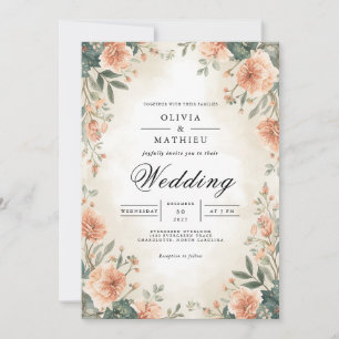 Pastel Peach Floral Arch Romantic Wedding Invitation