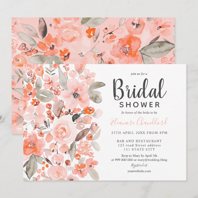 Pastel peach floral watercolor bridal shower invitation (Front/Back)