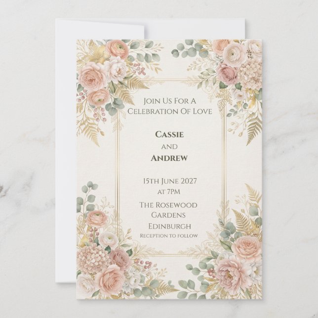 Pastel Peach Floral Wedding Invitation (Front)