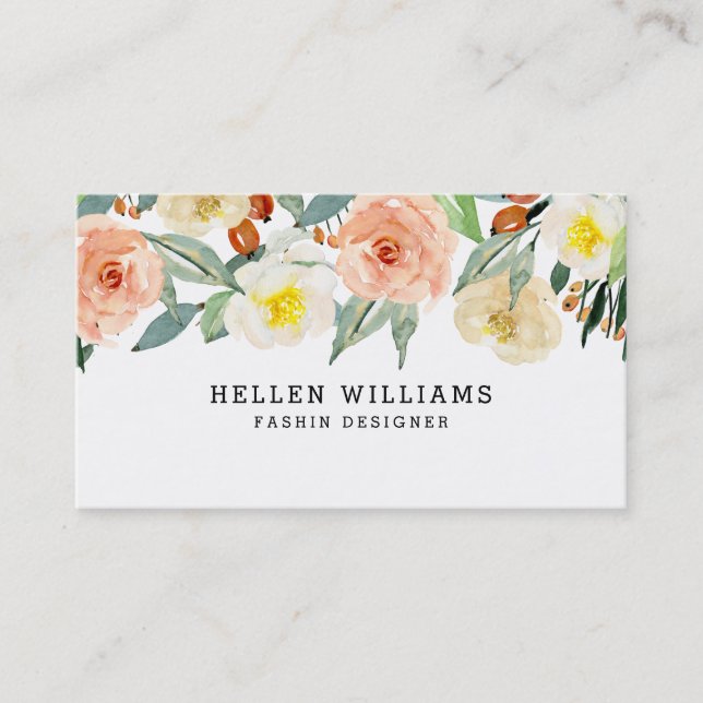 Pastel peach flowers border business card (Front)