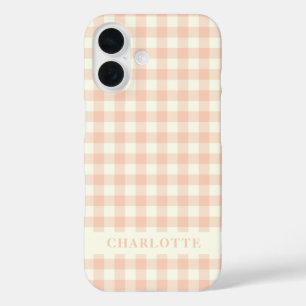 Pastel Peach Gingham Buffalo Check Plaid Name iPhone 16 Case