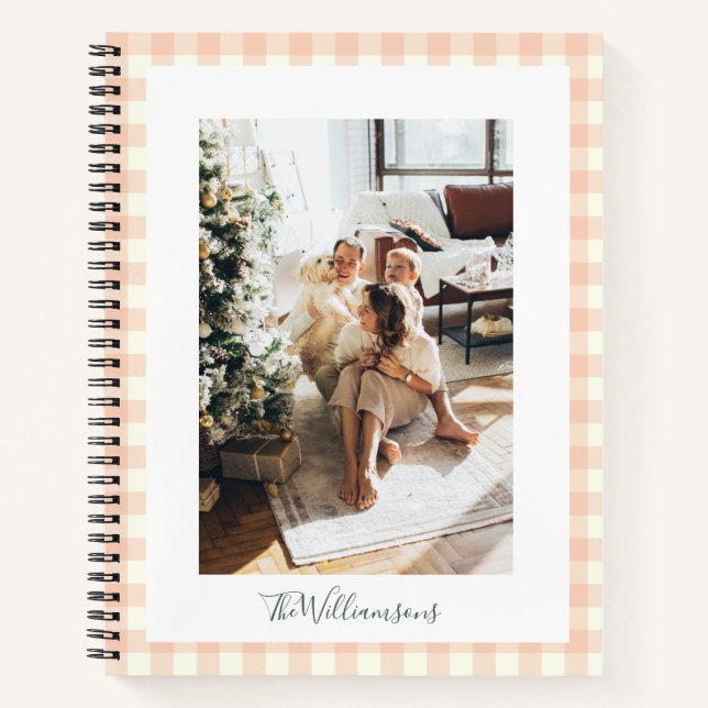 Pastel Peach Gingham Check Plaid Photo Name Notebook (Front)