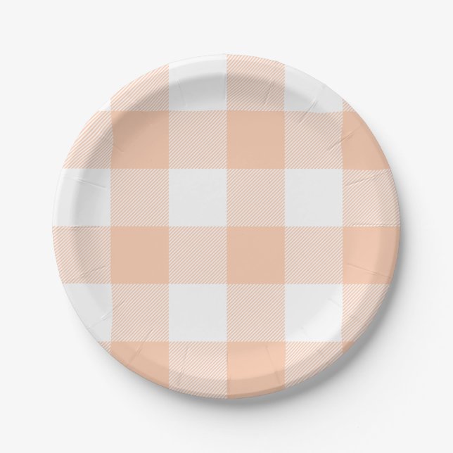 Pastel Peach Gingham Plaid Pattern Paper Plate (Front)