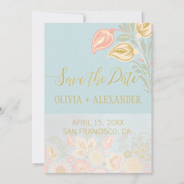 Pastel Peach Gold Floral Spring Light Blue Wedding Save The Date (Front)
