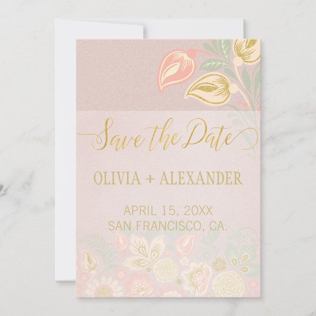 Pastel Peach Gold Floral Spring Pink Blush Wedding Save The Date (Front)