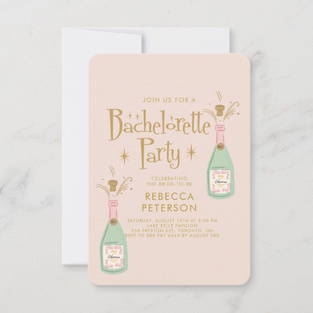 Pastel Peach Golden Champagne Bachelorette Party  Invitation (Front)