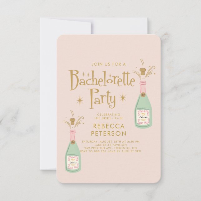 Pastel Peach Golden Champagne Bachelorette Party  Invitation (Front)