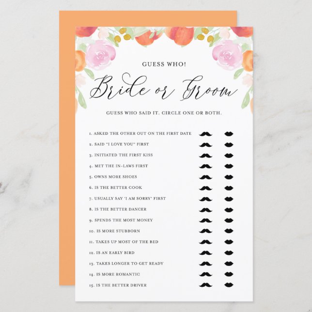 Pastel Peach Guess Who Bride or Groom Shower Game (Front/Back)