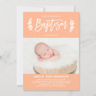 Pastel Peach Laurel Wreath Baby Photo Baptism Invitation