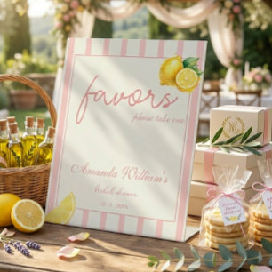 Pastel Peach Lemon Stripes Bridal Shower Favors Pedestal Sign