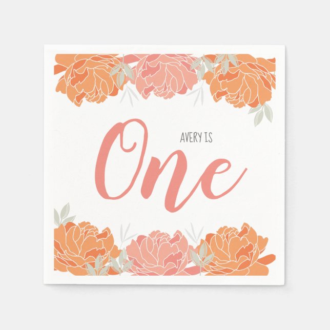 Pastel Peach & Orange Peonies Baby's 1st Birthday Napkin (Front)