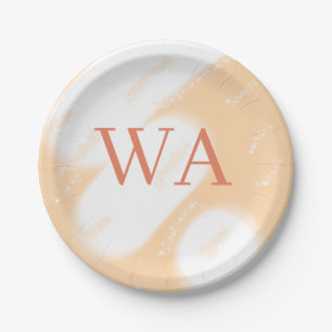 Pastel peach orange white monogram retro bold name paper plate