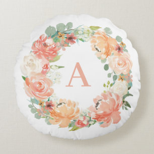 Pastel Peach Peonies Eucalyptus Wreath Monogram Round Cushion
