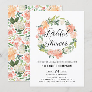 Pastel Peach Peonies Floral Wreath Bridal Shower Invitation