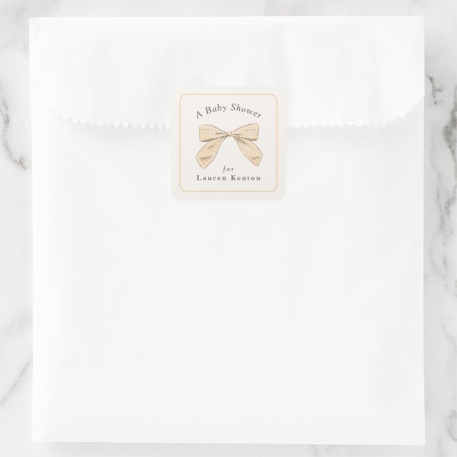 Pastel Peach Plaid Bow Elegant Neutral Baby Shower Square Sticker (Bag)