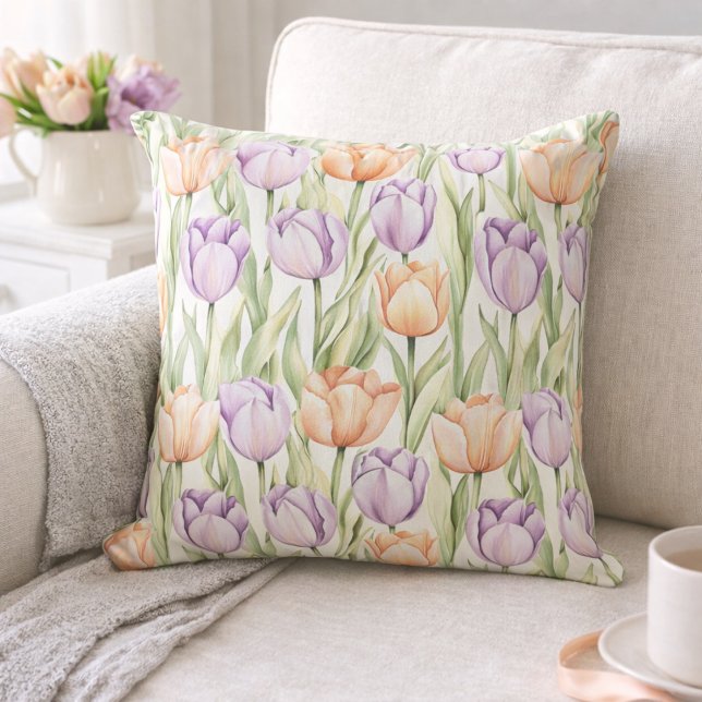 Pastel Peach Purple Tulips Easter Spring Floral Cushion (Creator Uploaded)