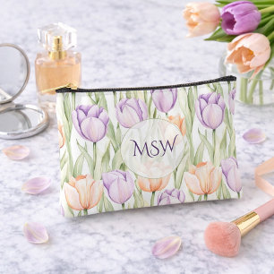 Pastel Peach Purple Tulips Monogram Cosmetic Accessory Pouch