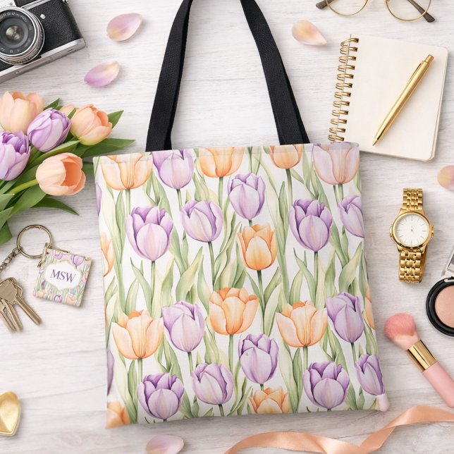 Pastel Peach Purple Tulips Pattern Spring Floral  Tote Bag (Creator Uploaded)