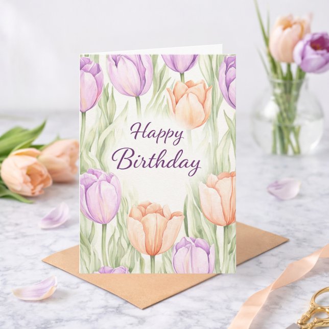 Pastel Peach Purple Tulips Spring Floral Birthday Card (Creator Uploaded)