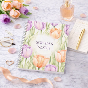 Pastel Peach Purple Tulips Spring Floral Name Notebook