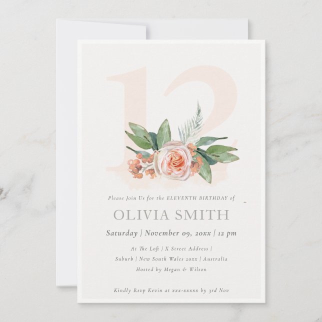 Pastel Peach Rose Floral Bunch 12 Birthday Invite (Front)