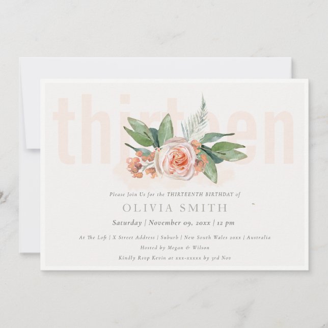 Pastel Peach Rose Floral Bunch 13 Birthday Invite (Front)