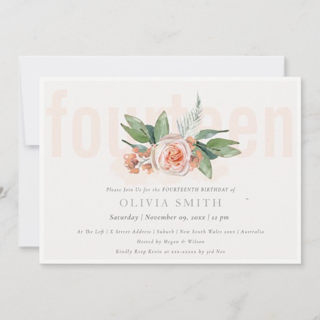 Pastel Peach Rose Floral Bunch 14 Birthday Invite (Front)