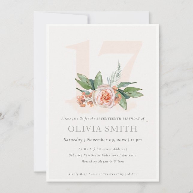 Pastel Peach Rose Floral Bunch 17 Birthday Invite (Front)