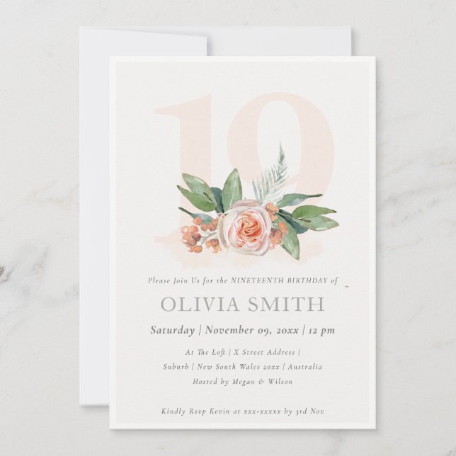 Pastel Peach Rose Floral Bunch 19 Birthday Invite (Front)