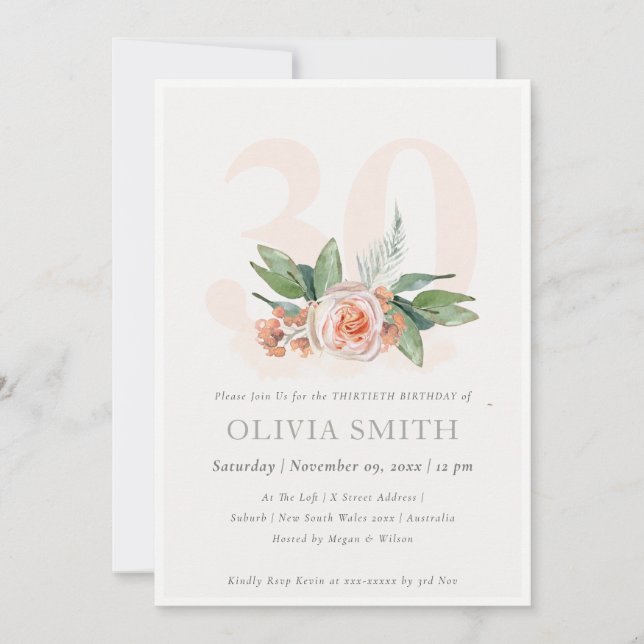 Pastel Peach Rose Floral Bunch 30 Birthday Invite (Front)