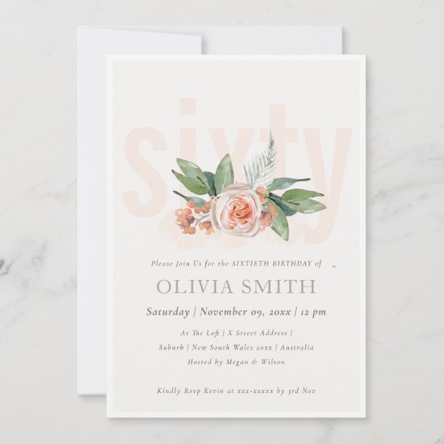Pastel Peach Rose Floral Bunch 60 Birthday Invite (Front)