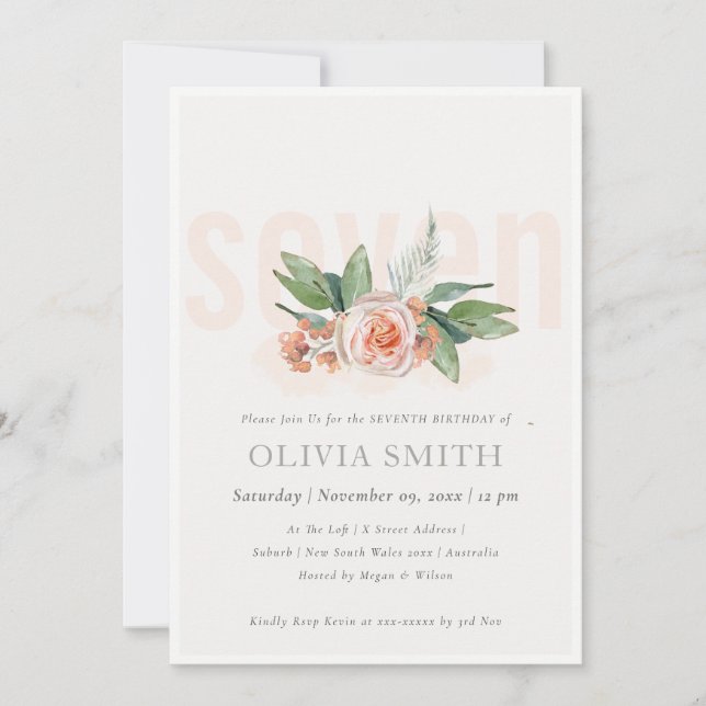 Pastel Peach Rose Floral Bunch 7th Birthday Invite (Front)