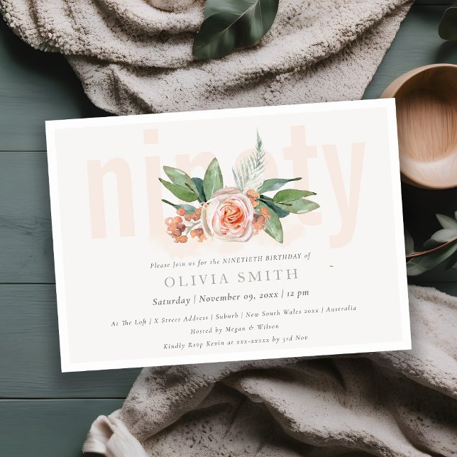 Pastel Peach Rose Floral Bunch 90 Birthday Invite (Creator Uploaded)
