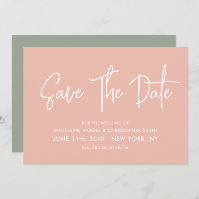 Pastel Peach & Sage Green Calligraphy Scan QR Code Save The Date (Front/Back)
