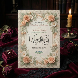 Pastel Peach & Sage Green Floral Garden Wedding Invitation