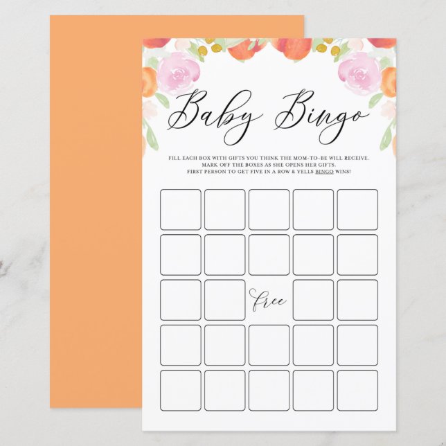 Pastel Peaches and Flowers Baby Shower Bingo Game (Front/Back)
