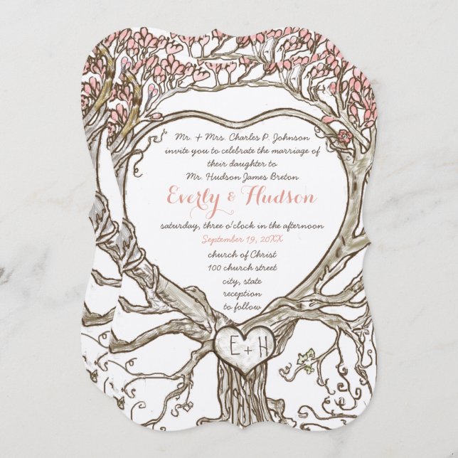 Pastel Peachy Coral Blush Pink Boho Heart Shaped Invitation (Front/Back)